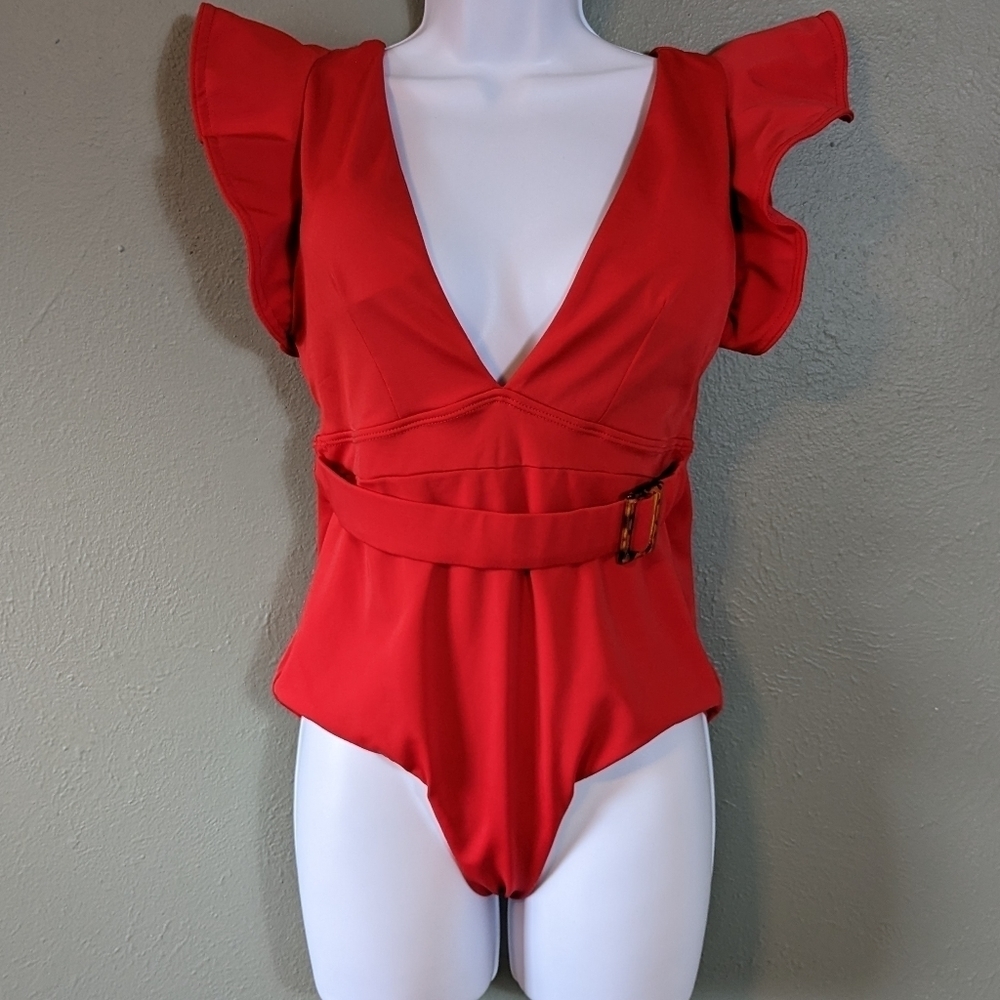 Vintage Red One Piece Swimsuit Ruffle Shoulder Belted Deep V